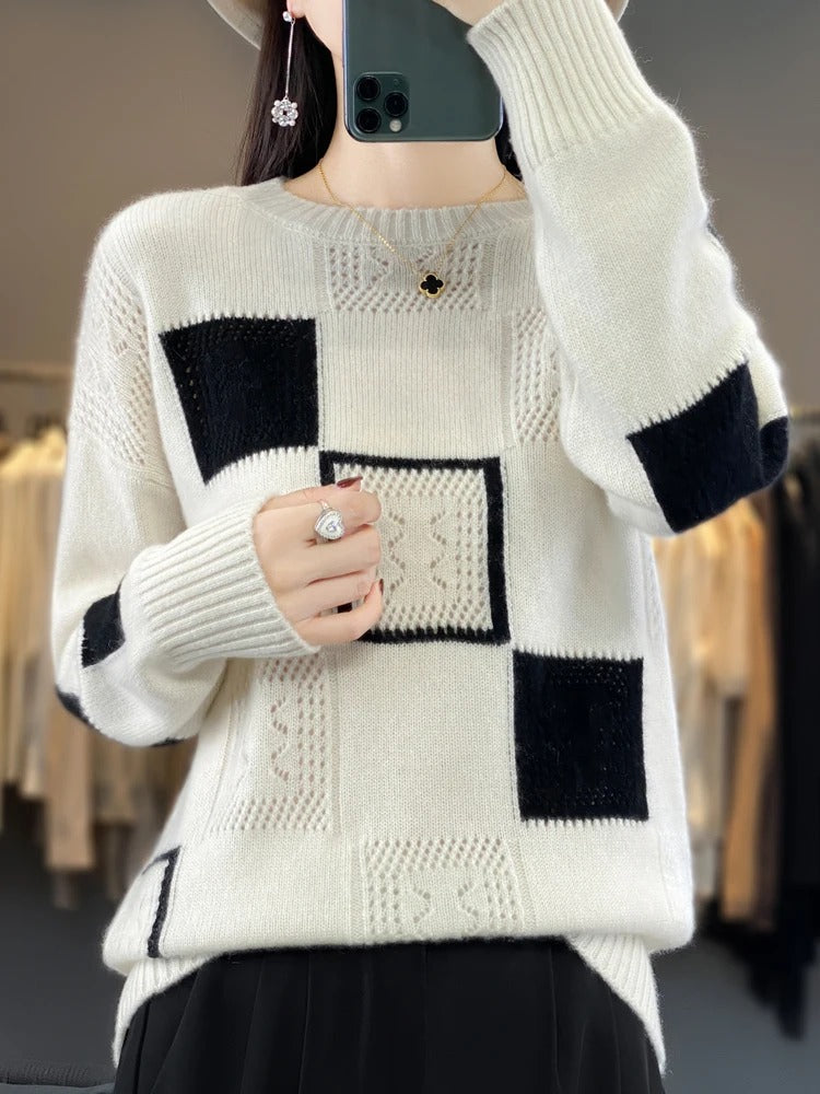 Kvinnors Stickad Tröja Färgblockdesign Mjuk Fiber-3