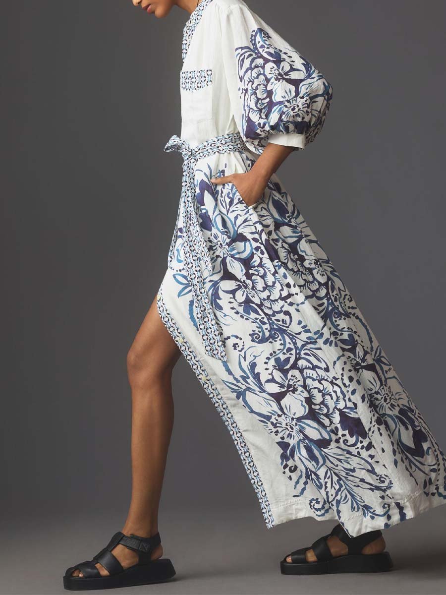 Skjortklänning Dam Lång i Linne med Knappdetalj-3