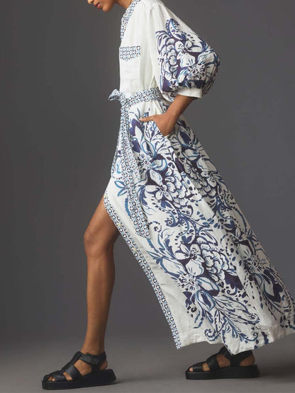 Skjortklänning Dam Lång i Linne med Knappdetalj-3