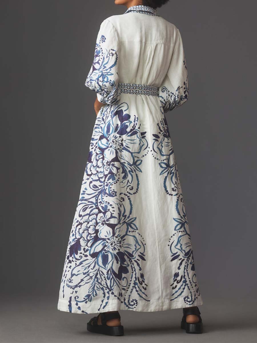 Skjortklänning Dam Lång i Linne med Knappdetalj-5