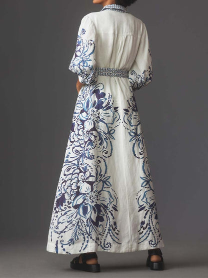 Skjortklänning Dam Lång i Linne med Knappdetalj-5