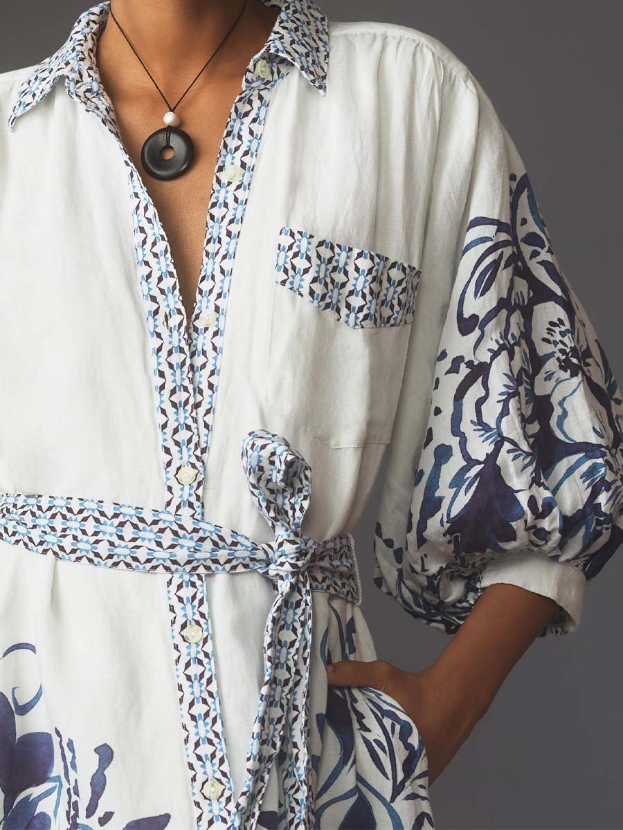 Skjortklänning Dam Lång i Linne med Knappdetalj-4