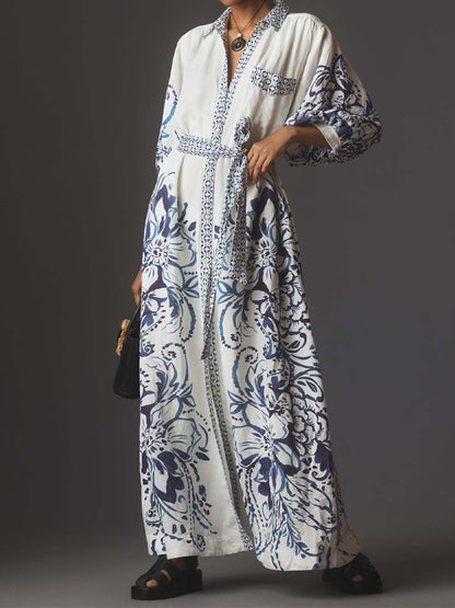 Skjortklänning Dam Lång i Linne med Knappdetalj-2