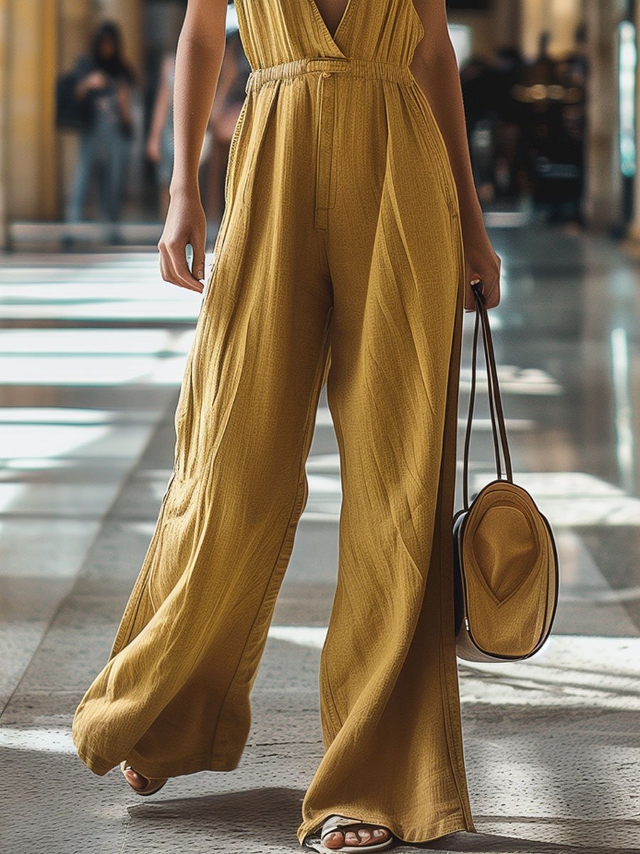 Dam Jumpsuit V-ringning Bred Ben Denim Avslappnad Stil-3