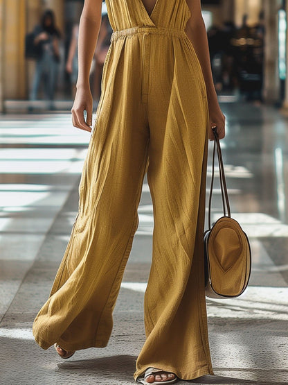 Dam Jumpsuit V-ringning Bred Ben Denim Avslappnad Stil-3