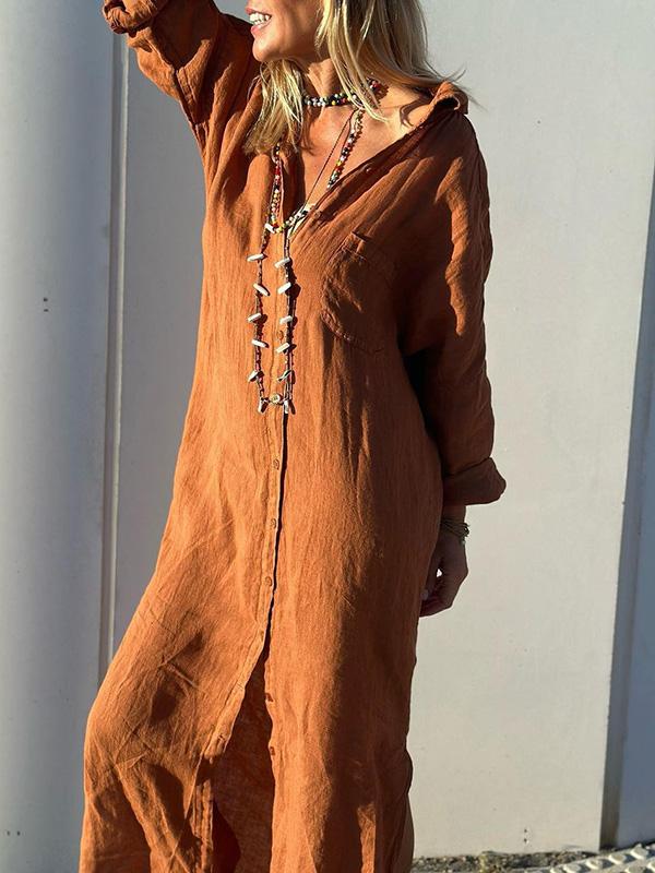 Dam Skjortklänning Lång i Bomull och Linne - Elegant och Lätt Silhuett-4