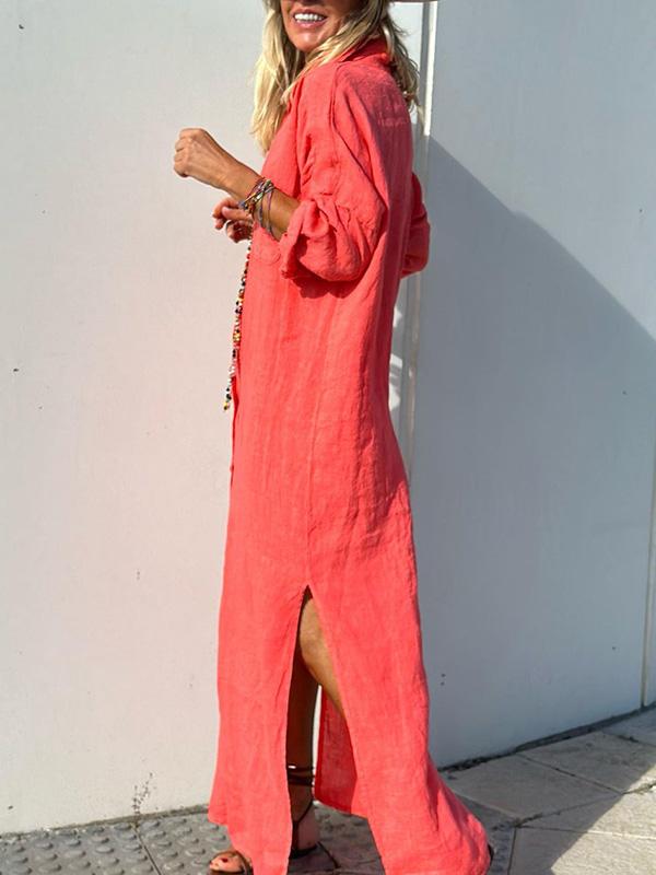 Dam Skjortklänning Lång i Bomull och Linne - Elegant och Lätt Silhuett-3