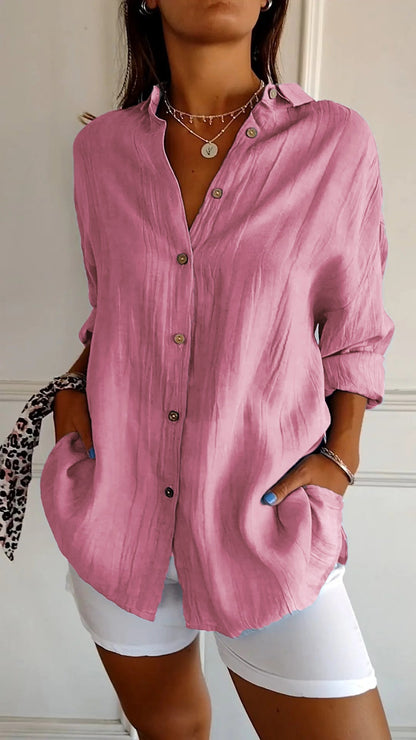Dam Blus Strukturerad Veckad Bomull Relaxed Fit-4