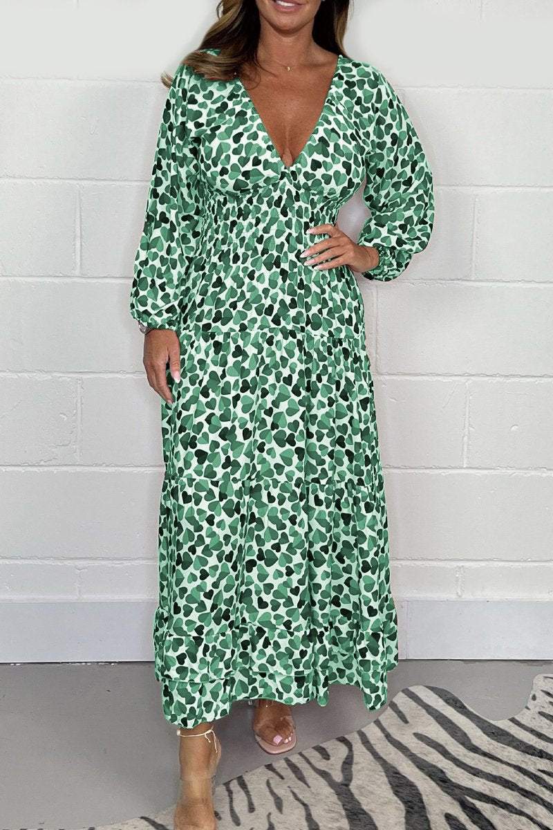 Dam Midi Klänning Smockad Bomull Elegant Långärmad-5