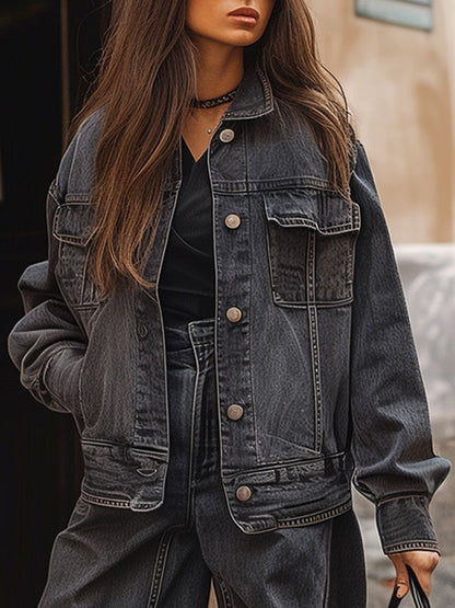 Variant image for Dam Denimjacka Vintage Stil med Väskor 100% Bomull-1