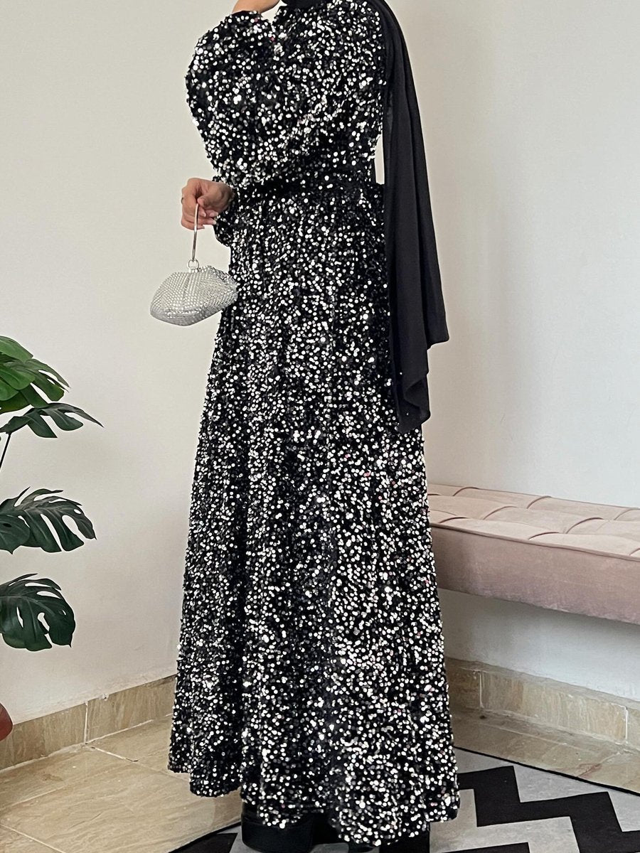 Dam Paljettklänning Lång Ärmar Rund Halsringning Polyester-4