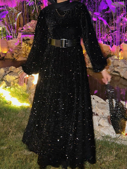 Dam Paljettklänning Lång Ärmar Rund Halsringning Polyester-1