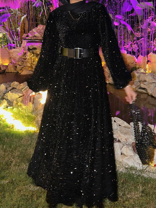 Dam Paljettklänning Lång Ärmar Rund Halsringning Polyester-1