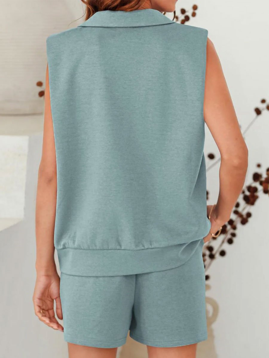 Kvinnors Poloskjorta Ärmlös Bomullsblandning och Shorts Monokrom Design-5