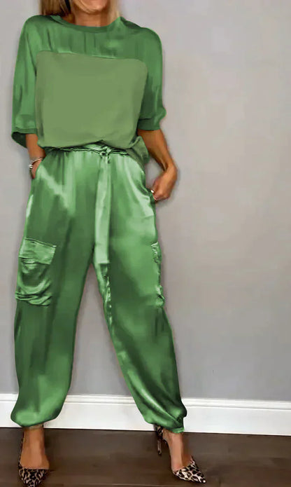 Variant image for Kvinnors Tvådelad Dräkt Satin Blus och Byxor-49