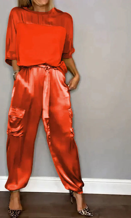 Variant image for Kvinnors Tvådelad Dräkt Satin Blus och Byxor-17