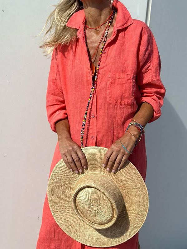 Dam Skjortklänning Lång i Bomull och Linne - Elegant och Lätt Silhuett-2