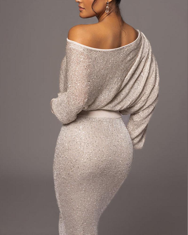 Dam Aftonklänning Axelfri Guldpaljetter Polyester-4