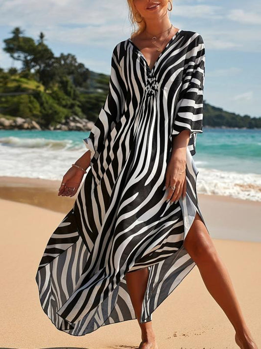 Dam Strandklänning V-ringning Zebra Mönster Bomull/Nylon-1