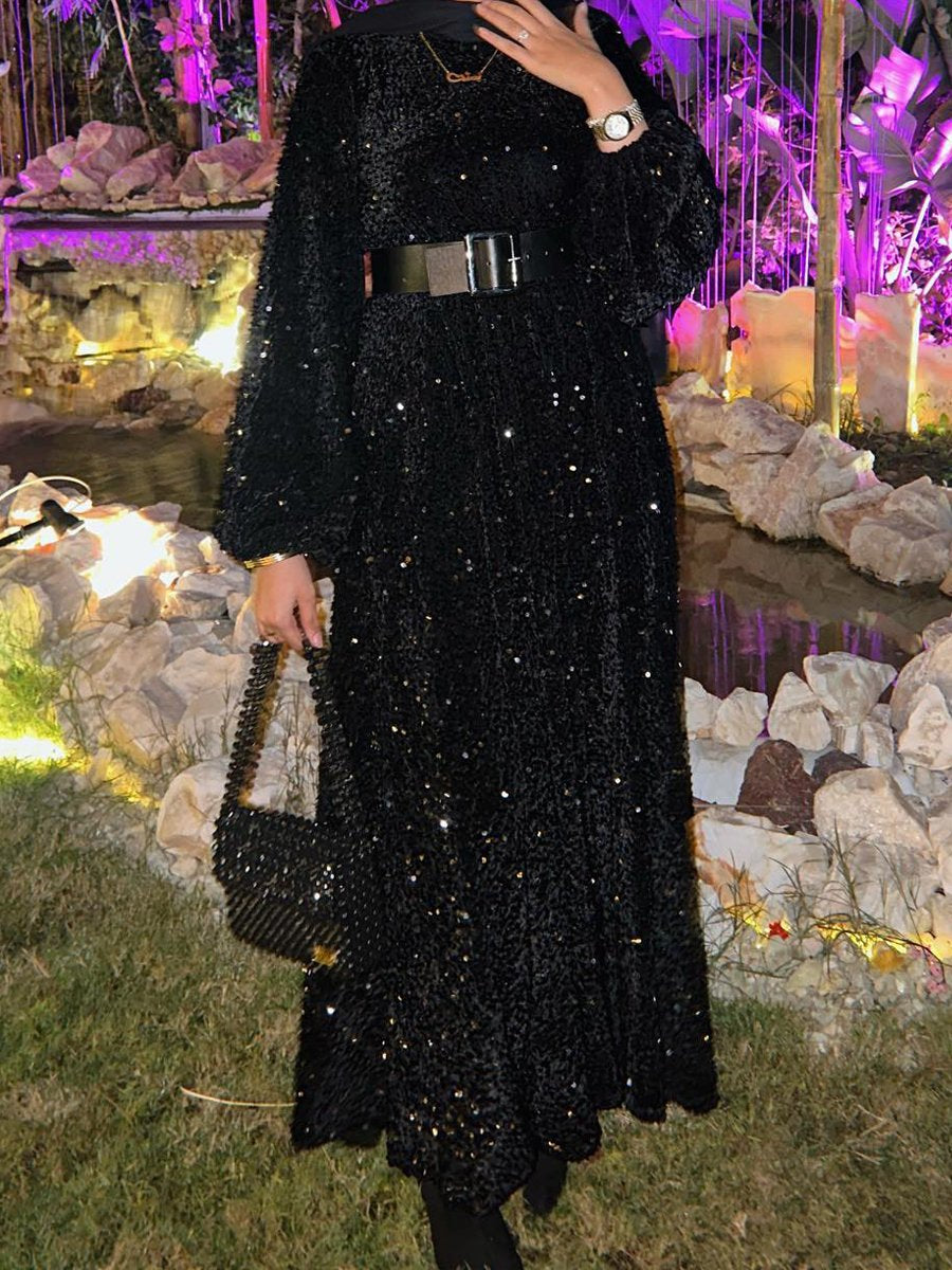 Dam Paljettklänning Lång Ärmar Rund Halsringning Polyester-2