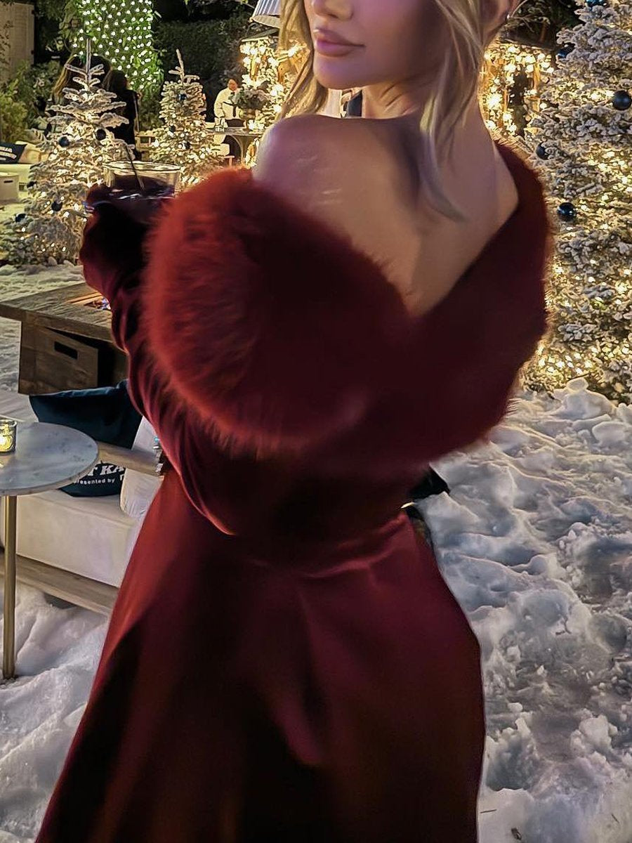 Fina Dam Klänningar i Sammet med Avtagbar Krage och Matchande Handskar – Elegant Midiklänning för Fest och Galor 6