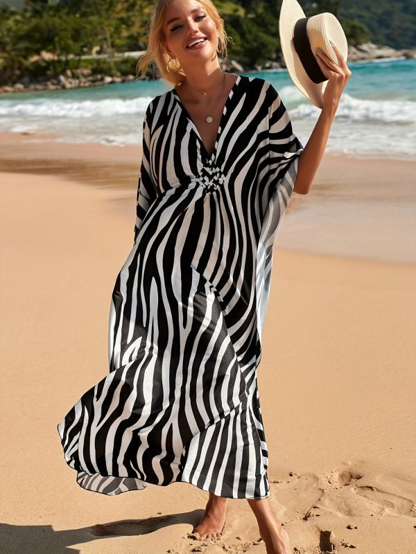 Dam Strandklänning V-ringad Zebra Mönster Lätt Material-6