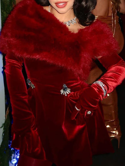 Fina Dam Klänningar i Sammet med Avtagbar Krage och Matchande Handskar – Elegant Midiklänning för Fest och Galor 5