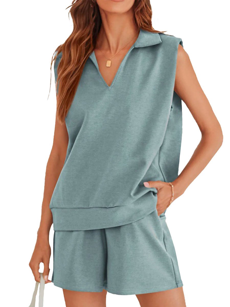 Variant image for Kvinnors Poloskjorta Ärmlös Bomullsblandning och Shorts Monokrom Design-1