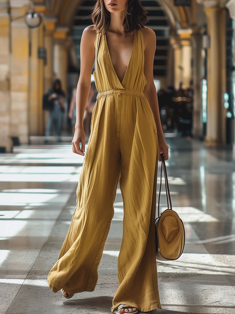 Dam Jumpsuit V-ringning Bred Ben Denim Avslappnad Stil-1