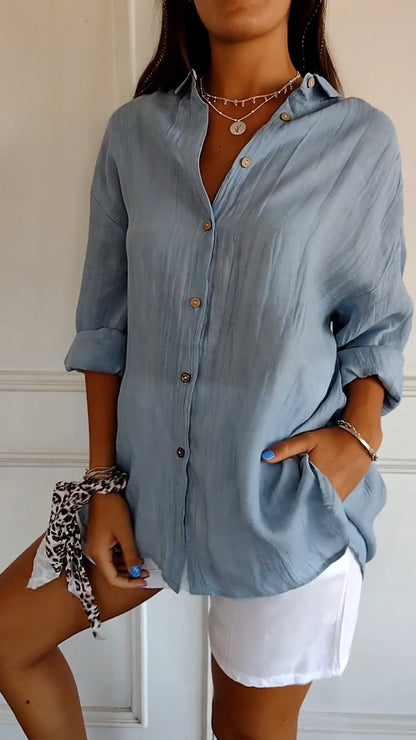 Dam Blus Strukturerad Veckad Bomull Relaxed Fit-2