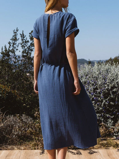 Dam Klänning Rundhals Snörning Bomull och Linne-2