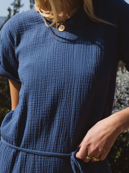 Dam Klänning Rundhals Snörning Bomull och Linne-3