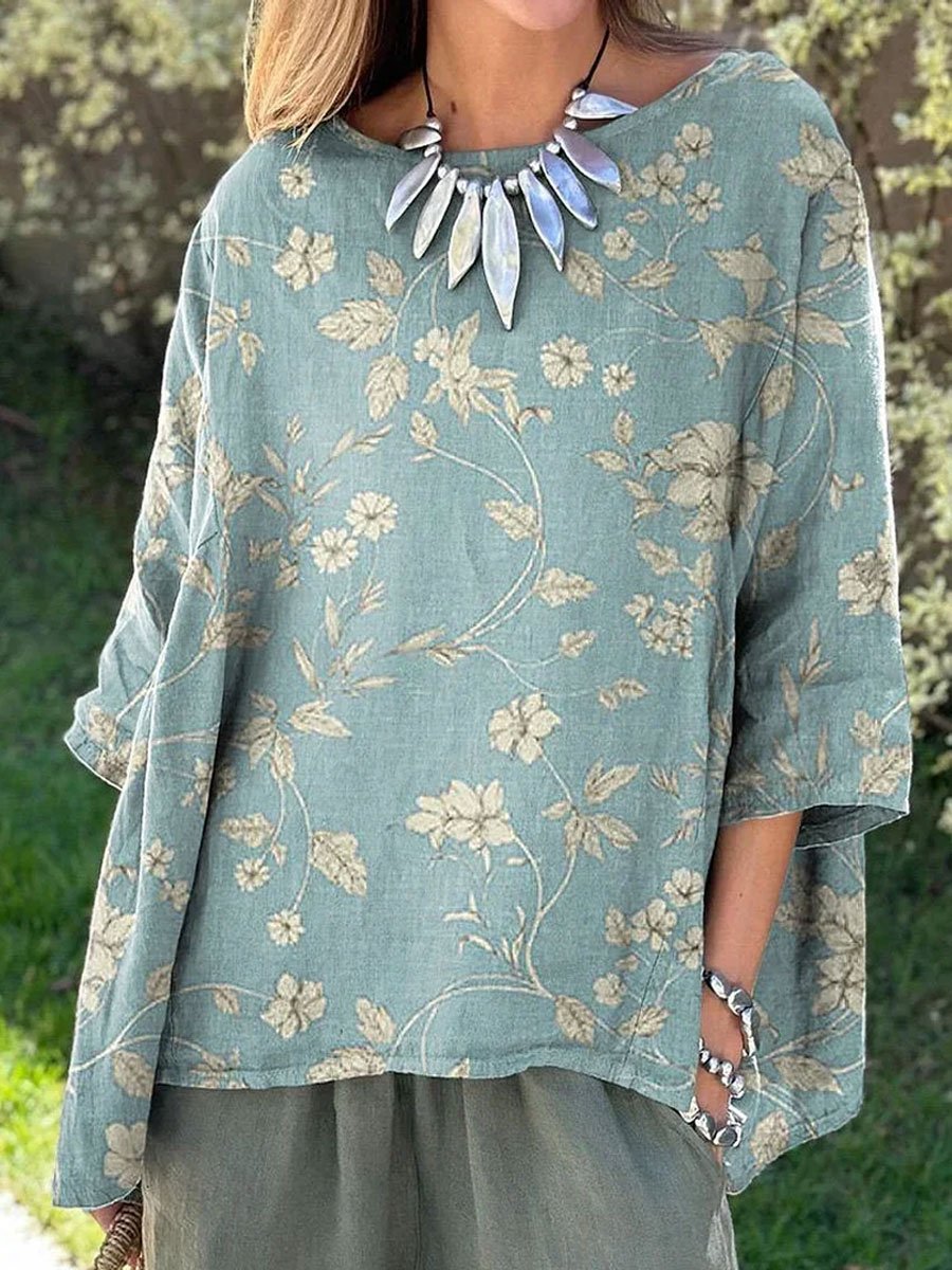 Dam Blus Rundhals Botaniskt Blommönster Bomull-2