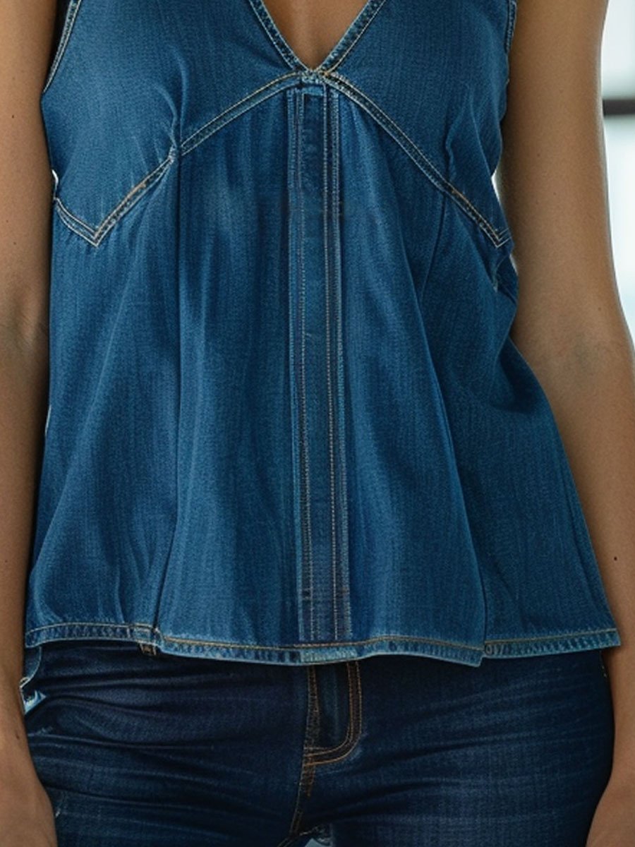 Kvinnors Blusväst V-hals Bomullsblandning Med Horisontella Sömmar 2