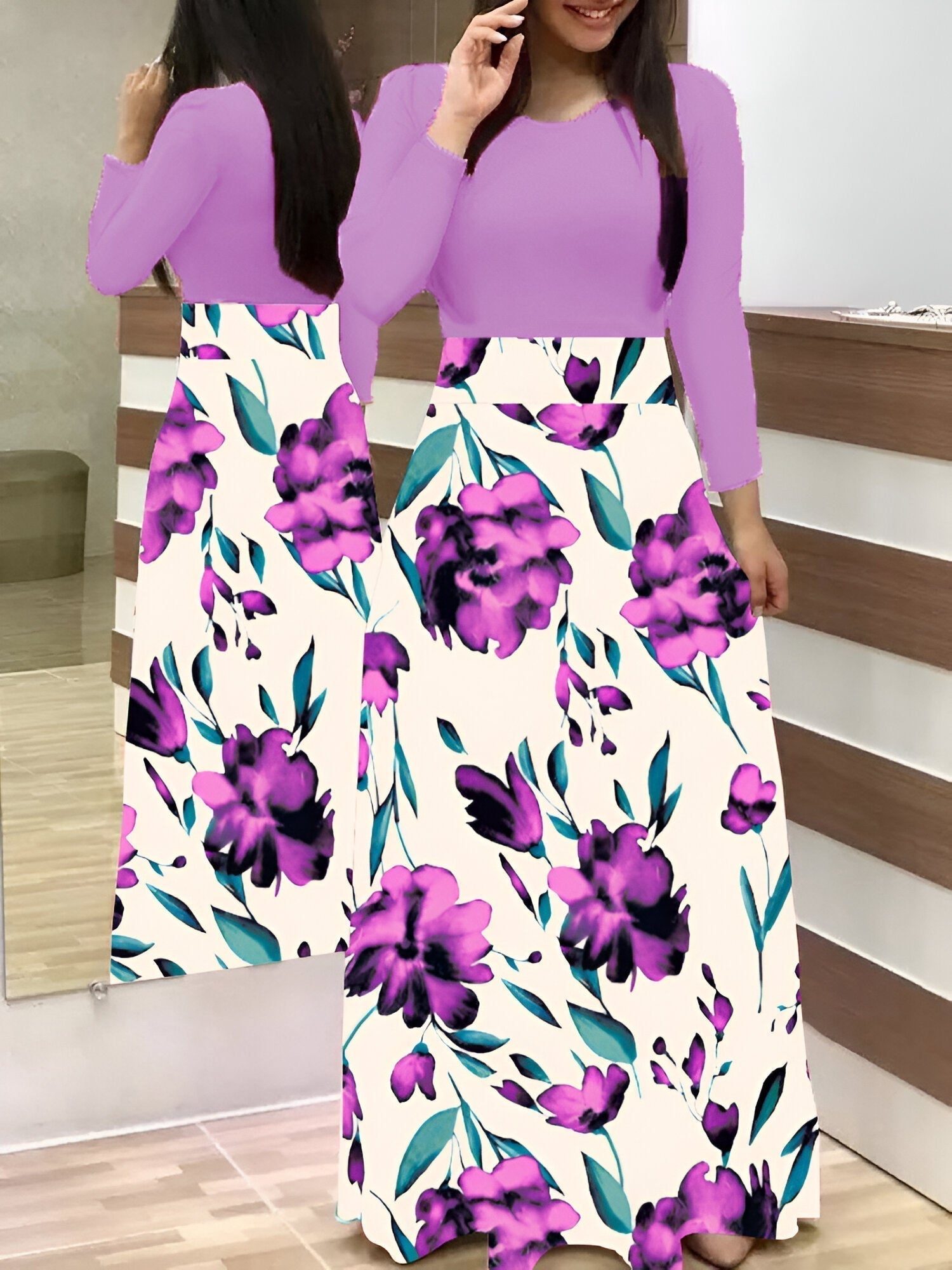 Variant image for Damklänning Blommig Färgblock Polyester Lätt-41