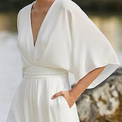 Dam Jumpsuit V-ringad Dolmanärmar Bred Byxben Måttligt Sticktyg-2