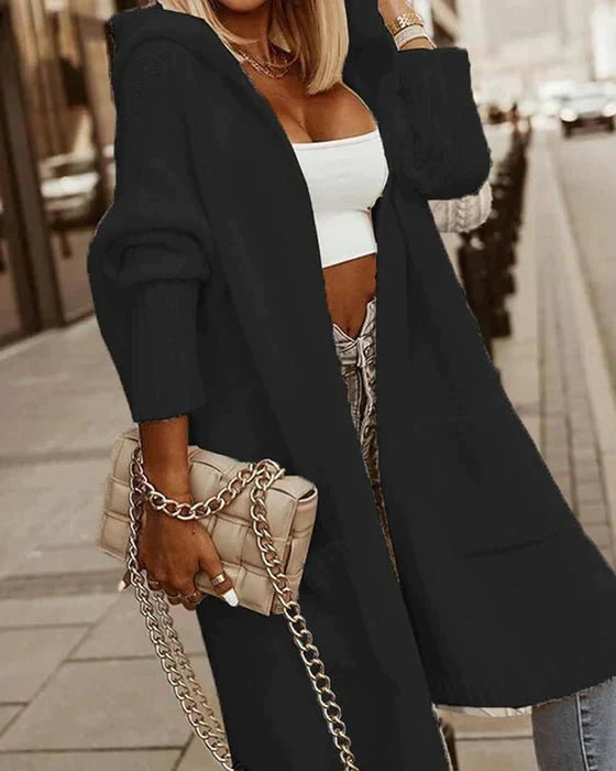 Lång Kofta Cardigan Dam i Bekväm Bomullsmix med Huva-3