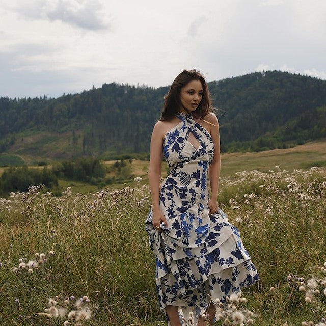 Kvinna Blommaklänning Ruffles Högkvalitativt Tyg-1