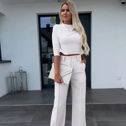 Variant image for Dam Set Kort Topp Hög Midja Bredbyxor Högkvalitativ Blandning av Tyger-16