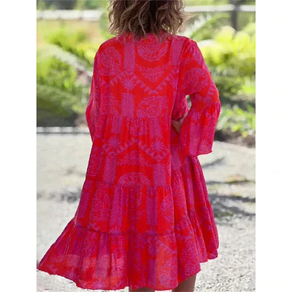 Eleganta Damklänningar Midi med Blommönster och V-ringning – 3/4 Ärmar i Polyester, Lätt och Bekväm 4