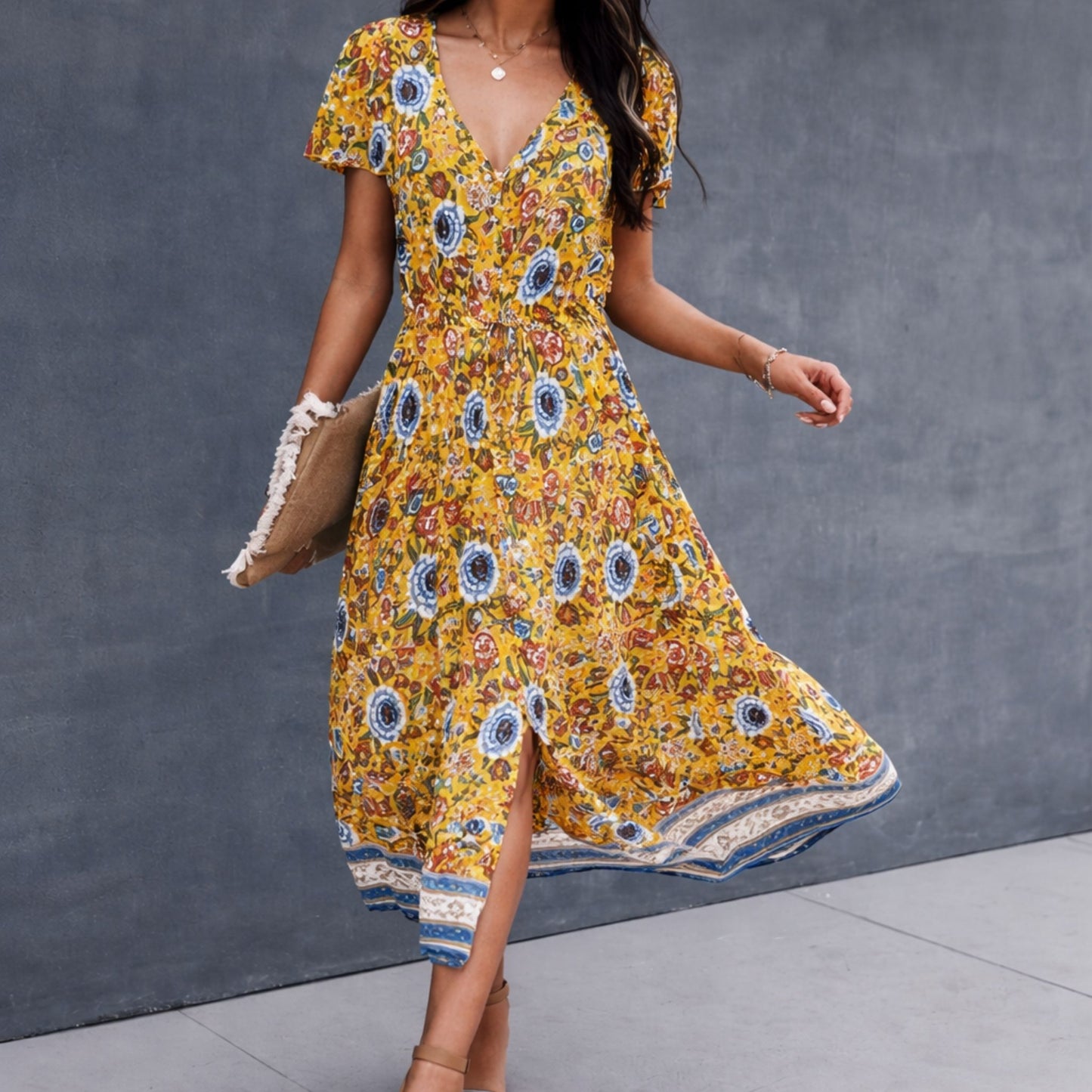 Kvinna MIDI Klänning V-ringning Blommönster Bomull Viskos