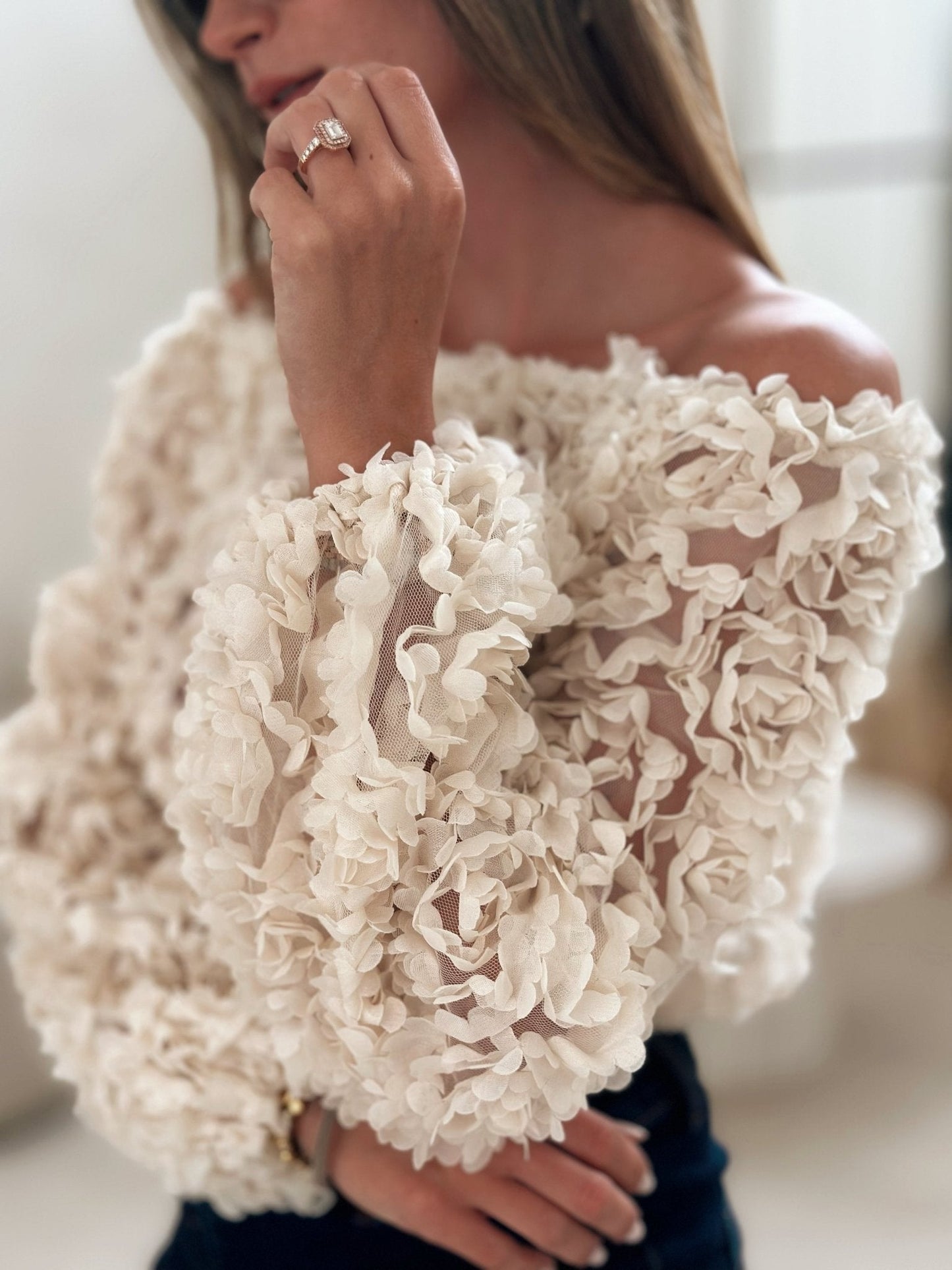 Kvinnors Topp Axelfri Mjukt Tyg Rosmönster-6