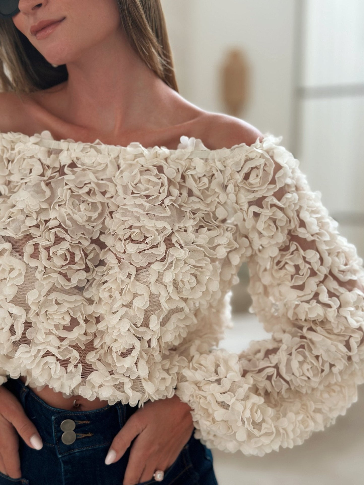 Kvinnors Topp Axelfri Mjukt Tyg Rosmönster-5