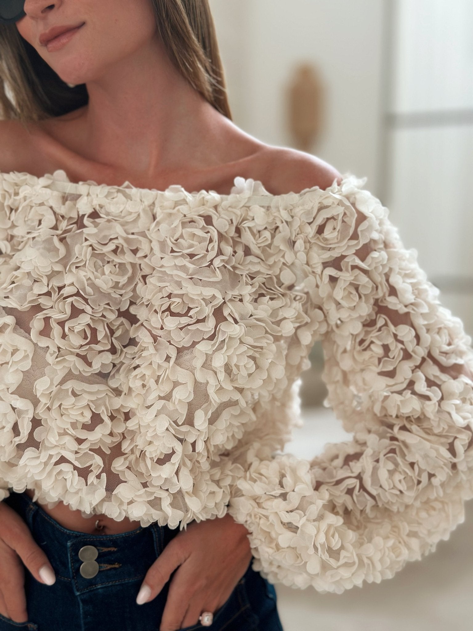 Kvinnors Topp Axelfri Mjukt Tyg Rosmönster-5