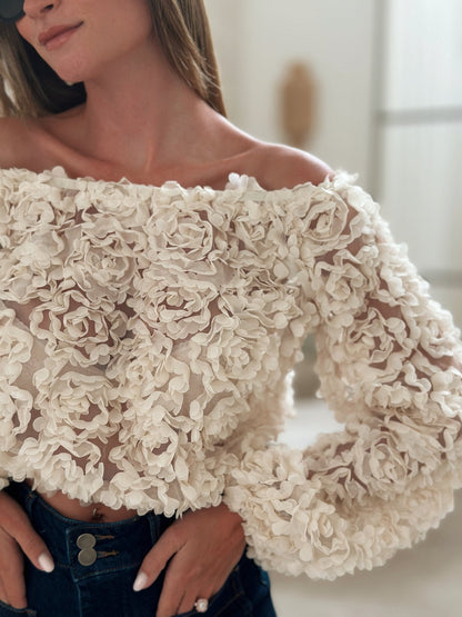 Kvinnors Topp Axelfri Mjukt Tyg Rosmönster-5