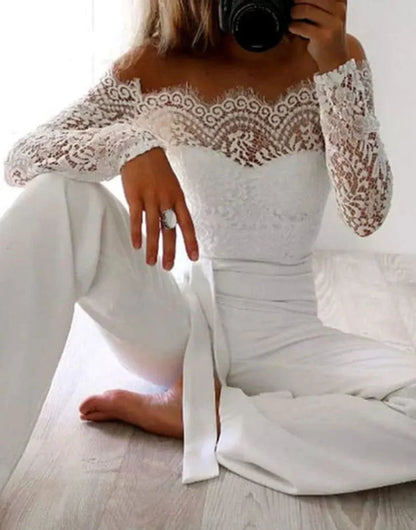 Dam Jumpsuit Långärmad Spets Polyester Elegant-4