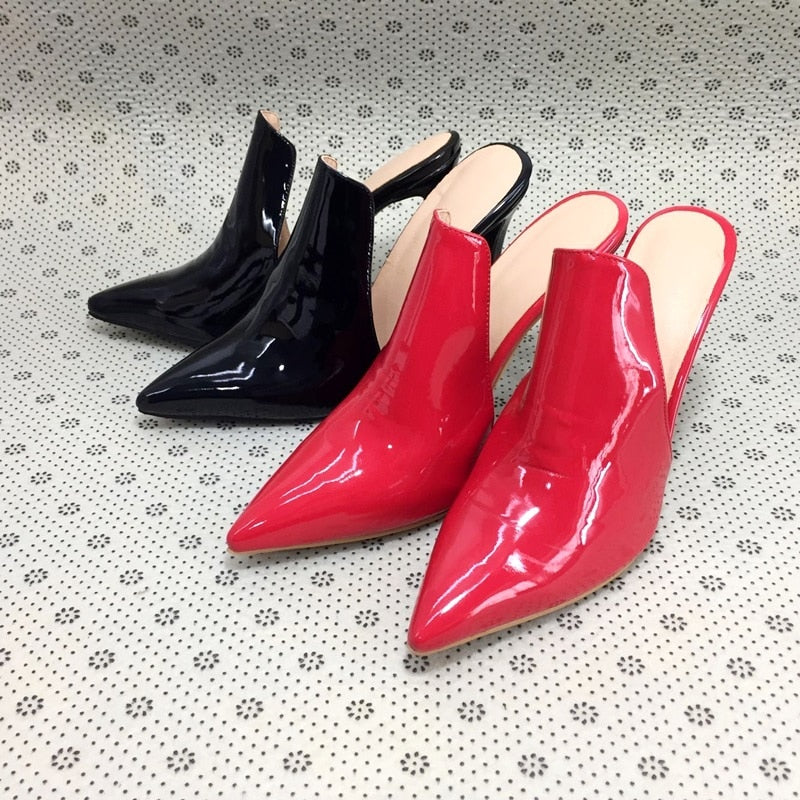 Dam Mules Klackar Spetsig Tå Patenterat Läder 10-12 cm-4