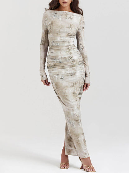 Maxiklänning Dam Långärmad Tryckt Polyester Elegant Design-2