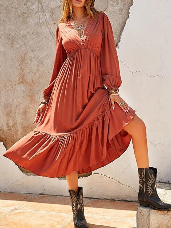 Kvinna Lång Klänning Boho Stil Ruffled Bomull-5