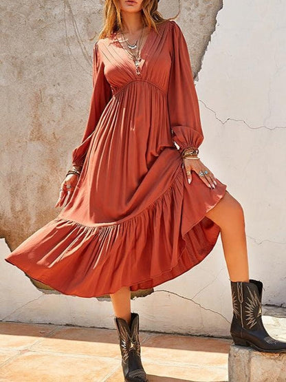 Kvinna Lång Klänning Boho Stil Ruffled Bomull-5